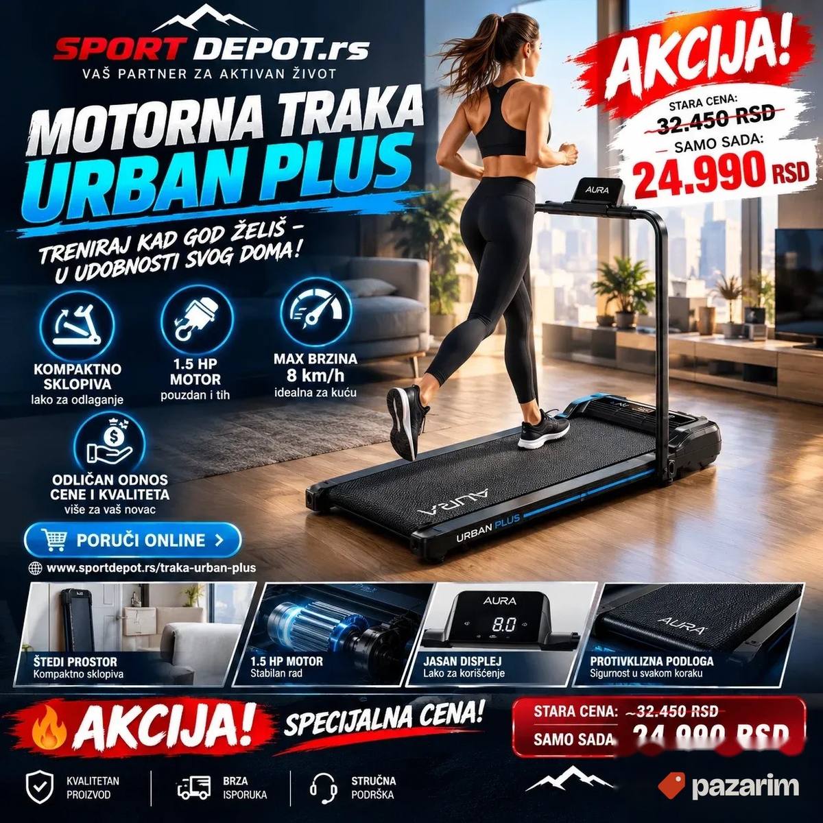 Traka za trčanje URBAN PLUS 1.5 ks/ 8 km Motorna traka 1