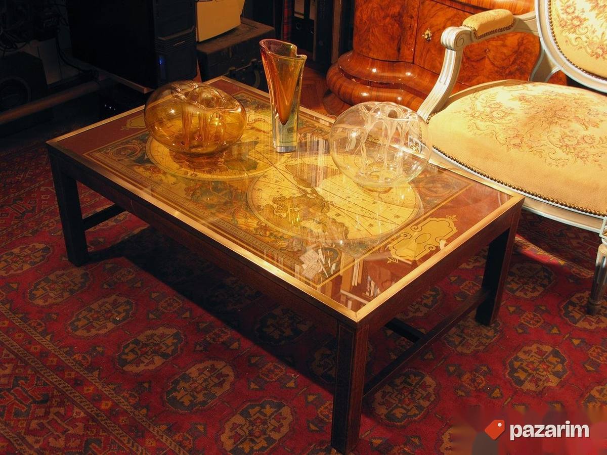 Vintage french brass & mahagony world map coffee table 1