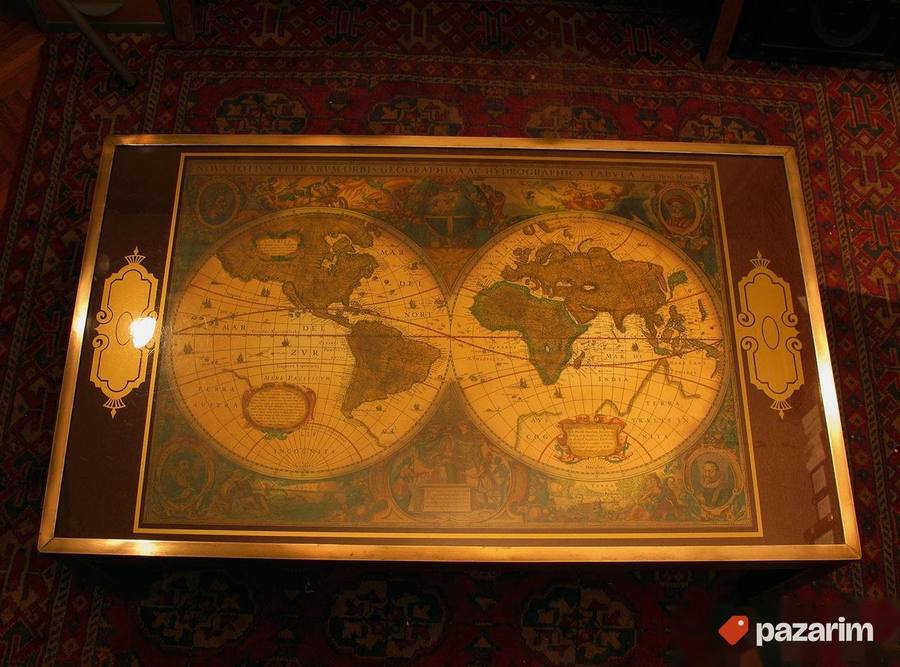 Vintage french brass & mahagony world map coffee table 2