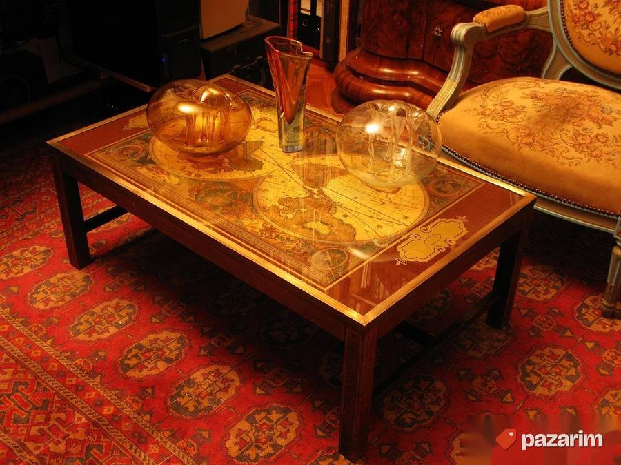 Vintage french brass & mahagony world map coffee table 5