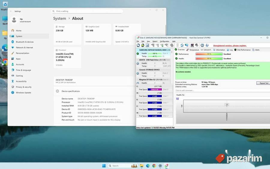 HP Z2 G4 SFF i7 8700 3.2GHz 8GB DDR4 256gb NVme win11 7