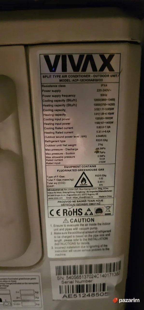 Vivax klima 12 btu inverter kao NOVA garancija 20m + cevi 4