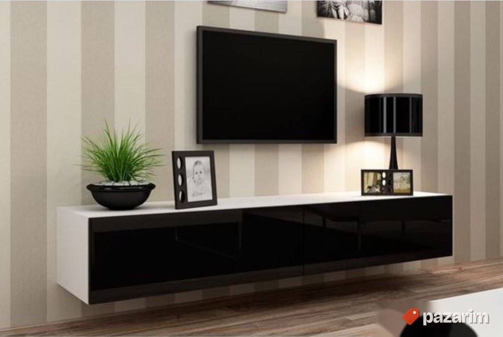 TV Komoda 100x30x40cm Crno/Bela Visoki Sjaj Meubella Flame 1