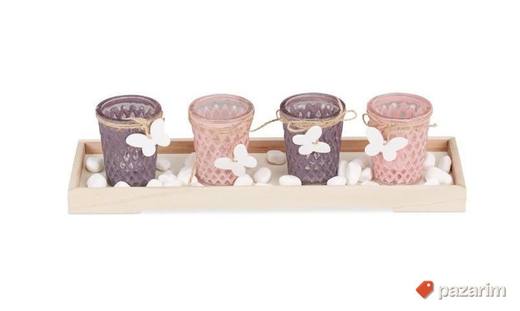 Dekorativni svećnjaci 4kom+drveni nosač40x12x6,5cm Relaxdays