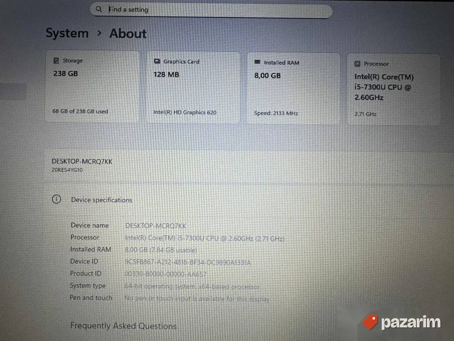 Lenovo thinkpad X280/12.5/INTEL I5-7300U/8GB/SSD 256GB 2