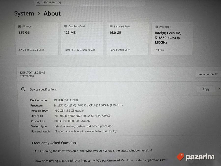 Lenovo thinkpad T480S/14 IPS/INTEL I7-8550U/16GB DDR4 2