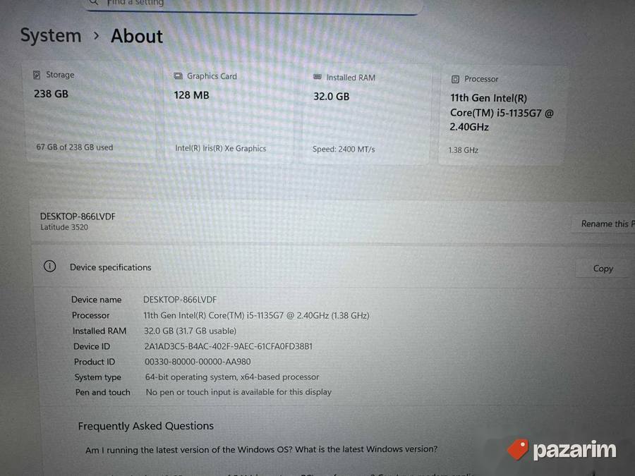 DELL LATITUDE 3520/15.6 IPS/INTEL I5-1135G7/32GB/Nvme 256Ggb 2