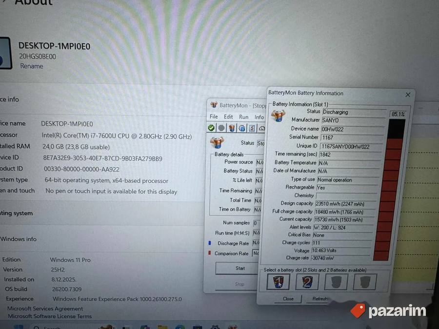 LENOVO THINKPAD T470S/14.0 IPS/I7-7600U/24GB/SSD 256/2 Bat 2