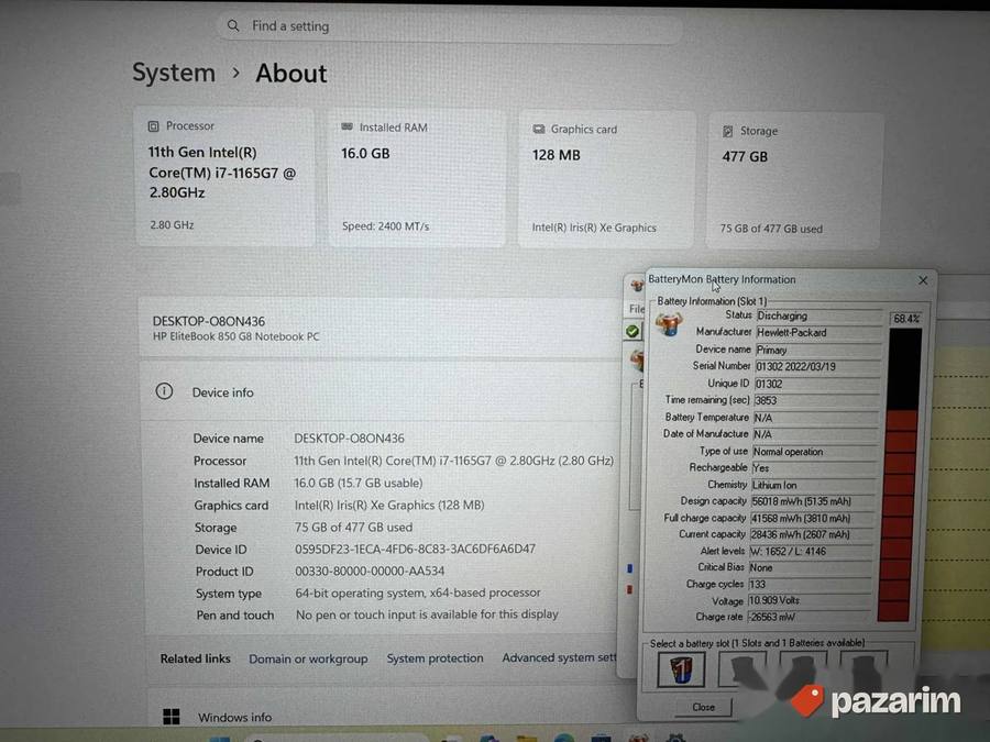 HP elitebook 850 G8/15.6 IPS/INTEL I7-1165G7/16GB/NVMe 512GB 2