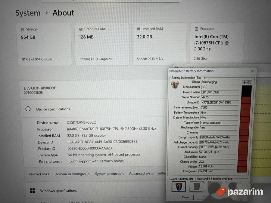 Lenovo Thinkpad P15v/15.6 IPS Touch/i7-10875H/32GB/SSD 1TB 2