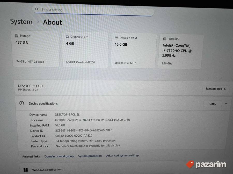 HP ZBOOK G4/15.6 FHD IPS/I7-7820HQ/16/512/QUADRO M2200 4GB 2