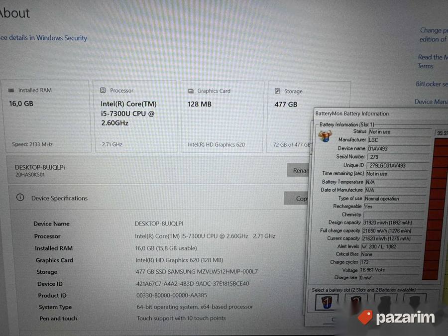 Lenovo thinkpad T570/15.6 IPS Touch/I5-7300U/16GB/SSD 512GB 2
