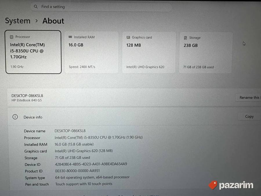 HP Elitebook 840 G5/14.0 IPS TOUCH/I5-8350/16Gb/256/LK 2