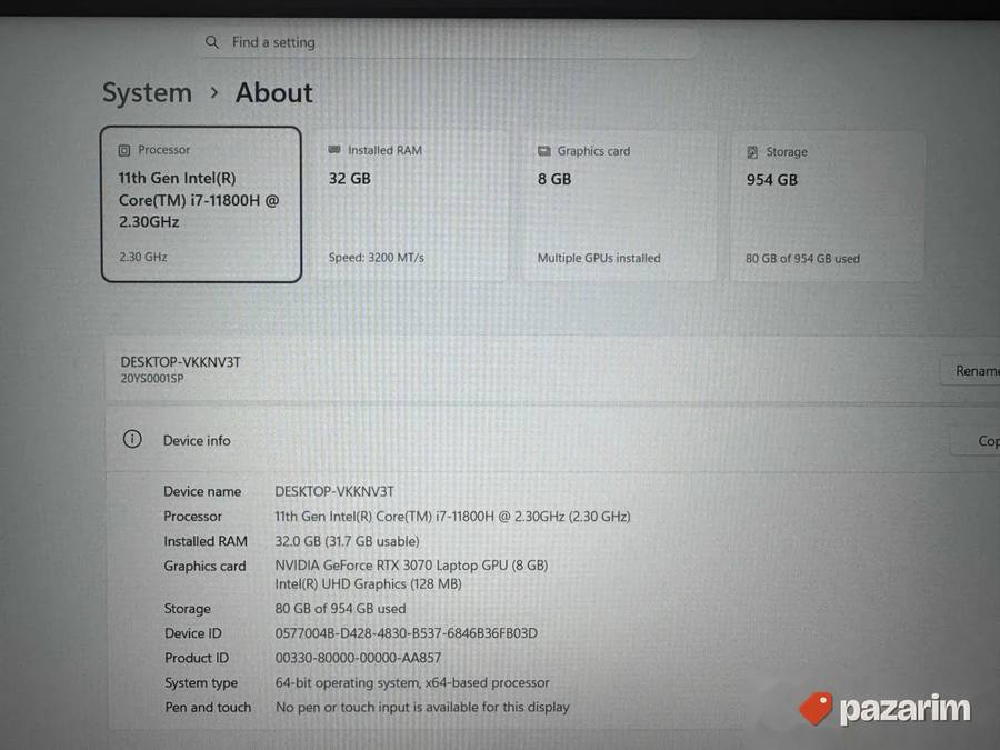 LENOVO Thinkpad T15G/15.6 IPS/I7-11850H/32/1TB/RTX 3070 8GB 2