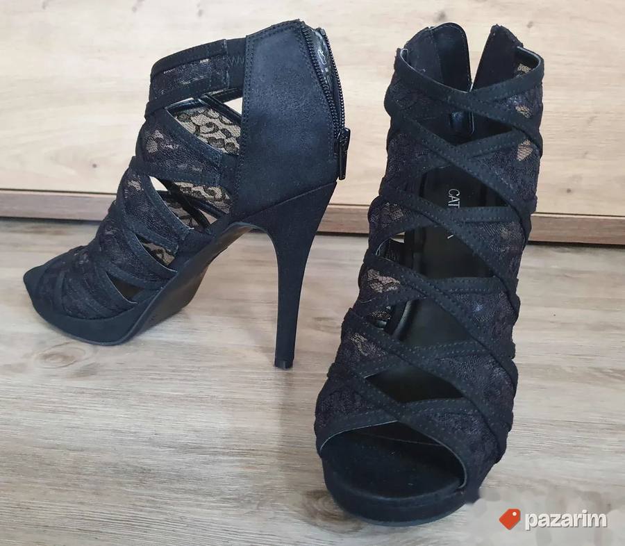 CATWALK crne čipkane sandale na štiklu br. 39 5