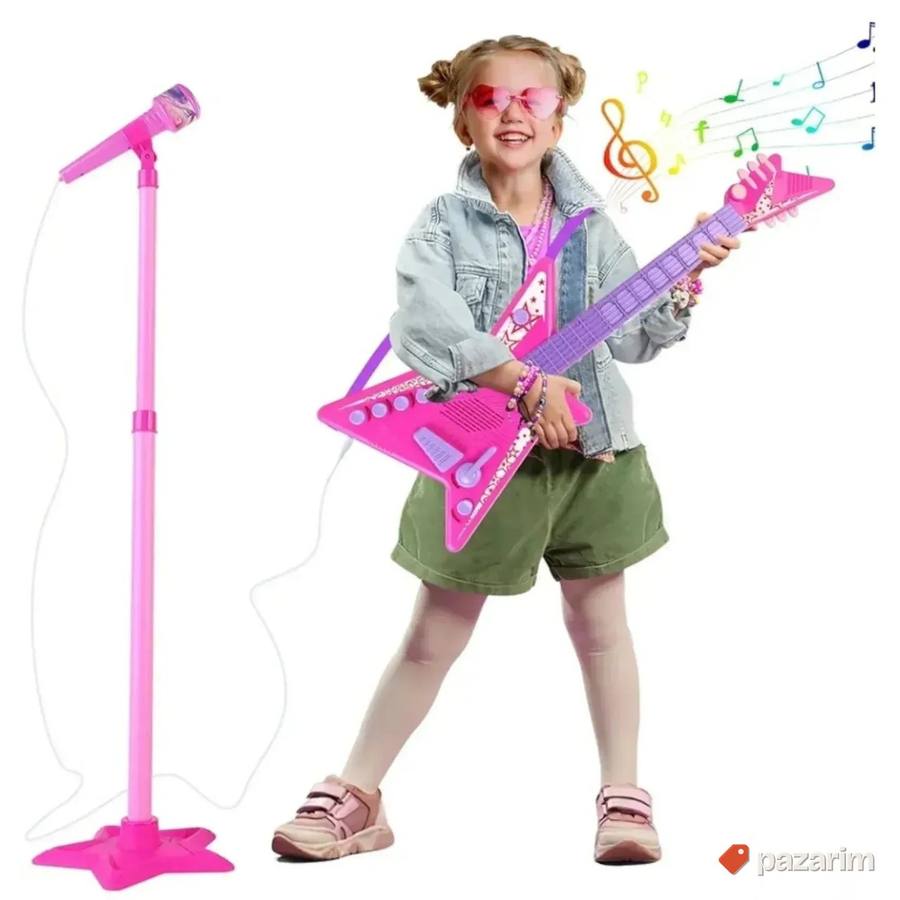 Gitara na žice + Stalak sa mikrofonom igracka za decu 7