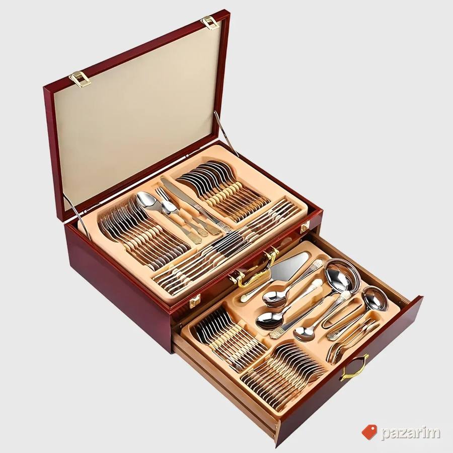 NOVO! Pribor Za Jelo u Drvenom Koferu - Set od 72 komada 2