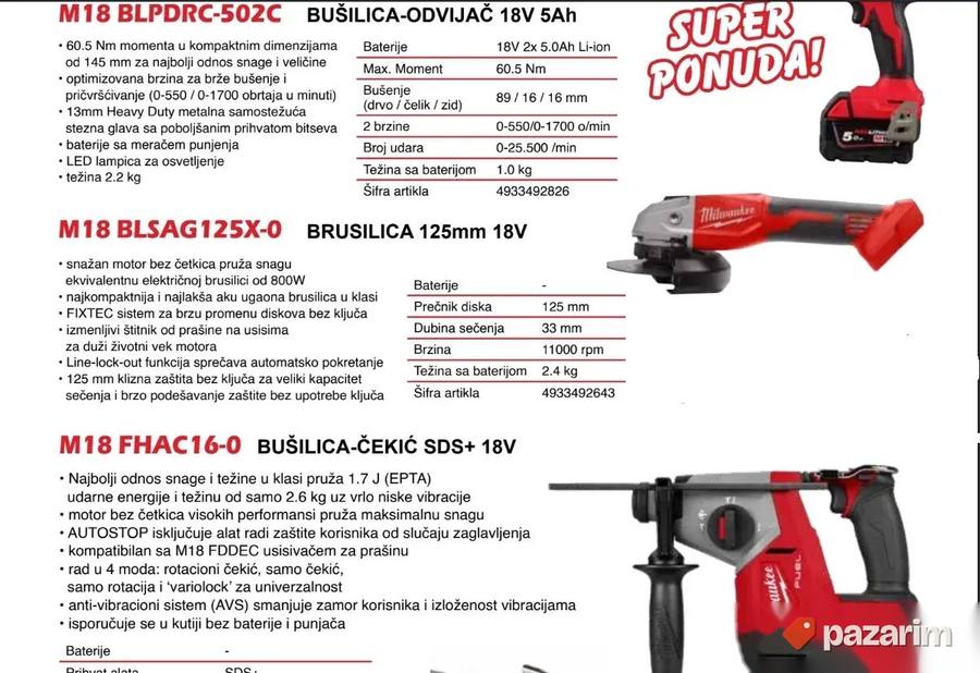 Milwaukee M18 AKU Set 3u1 - Bušilica, Brusilica, Hilti NOVO 2