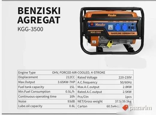 Kzubr Benzinski Agregat KGG-3500 Četvorotaktni, 2.5kW/2.8kW