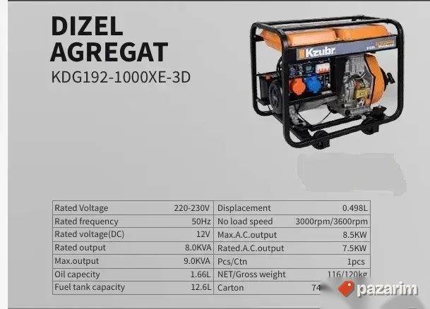 Kzubr Dizel Agregat KDG192-1000XE-3D TROFAZNI 8,5KW 1