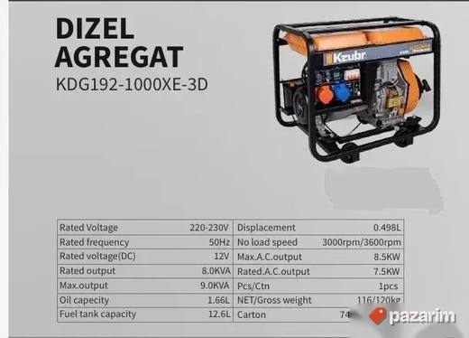 Kzubr Dizel Agregat KDG192-1000XE-3D TROFAZNI 8,5KW