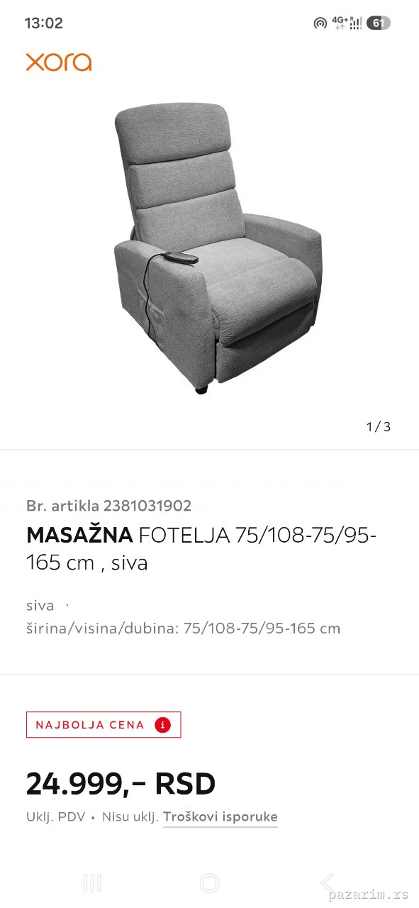 Xora masažna fotelja 75/108-75/95-165 cm, siva