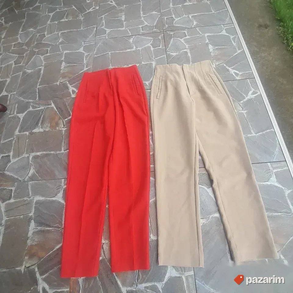Duboke ženske bež i crvene pantalone 1