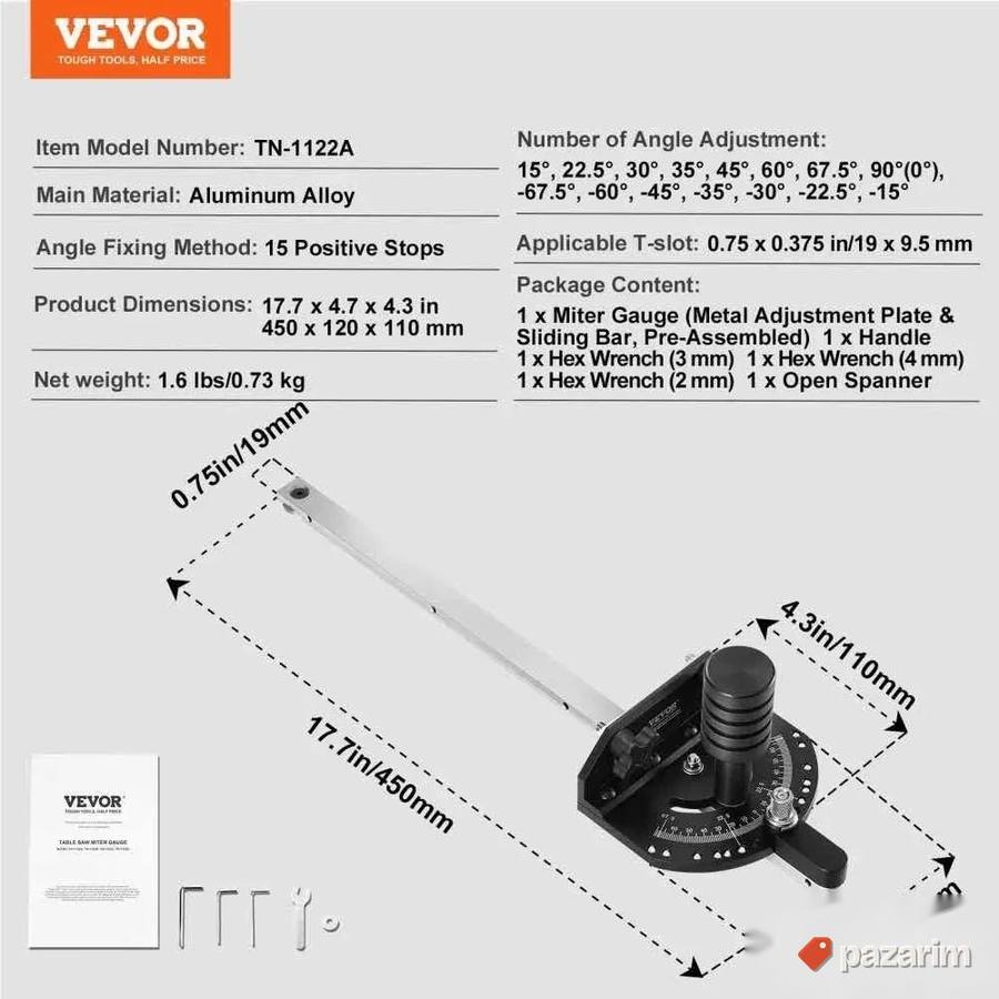 VEVOR TN-1122A Miter Gauge – Precizni ugaoni graničnik za st 8